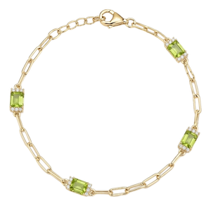 Natural Peridot Princess-Cut Paperclip Chain Bracelet in 18k Gold Plated