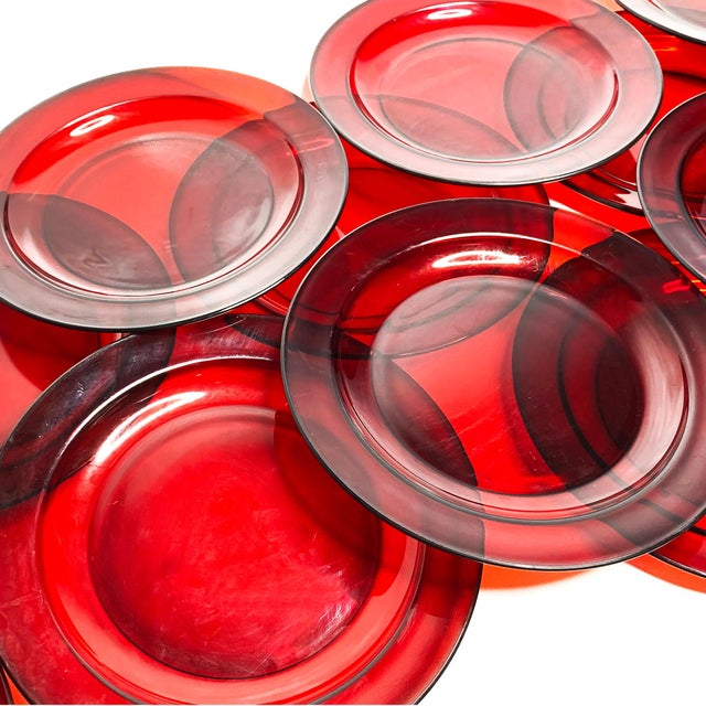 Vintage Mid Century Red Arcoroc Glass Plates, Made in France 15 Piece