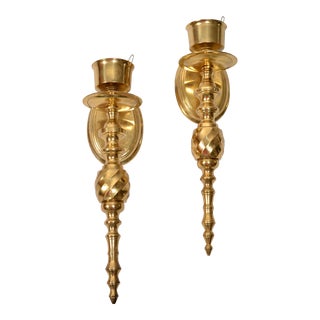 1980s Neoclassical Style Turned Solid Brass Candle Holder Wall Sconces - Set of 2 For Sale