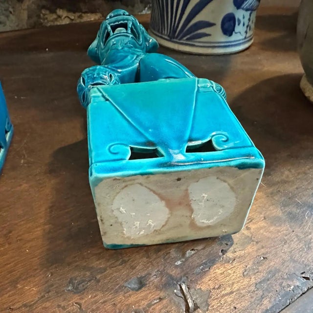 A Pair of 1960s Turquoise Glazed Ceramic Chinese Pho Dogs For Sale - Image 10 of 12