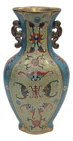 Vintage Cloisonné Vase Dragon Handles and Chinese Floral Motifs