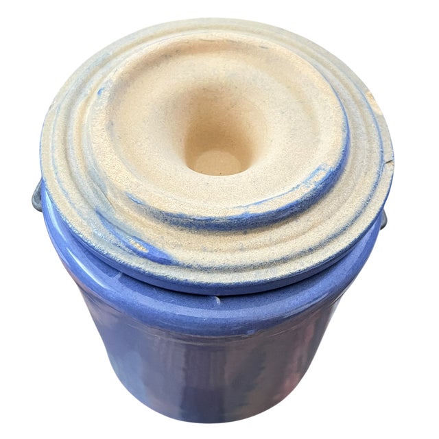 Vintage French Country Periwinkle Blue Ceramic Lidded Canister & Striped Spoon After Digoin Sarreguemines For Sale - Image 11 of 13