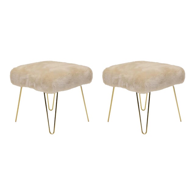 Montage Faux Fur Ottomans on Brass Hairpin Legs, Pair For Sale
