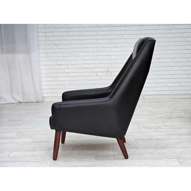 Danish Highback Armchair in Black Leatherette and Teak, 1970s For Sale - Image 16 of 18