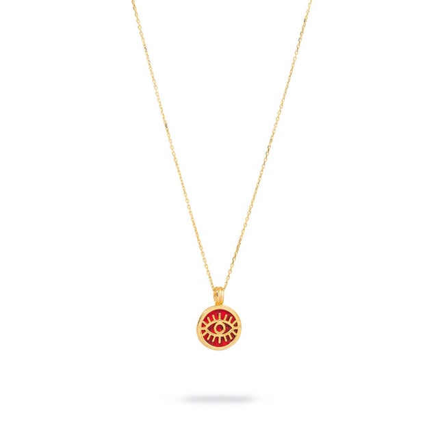 Coral & Gold Round Evil Eye Pendant Talisman Necklace For Sale - Image 9 of 9