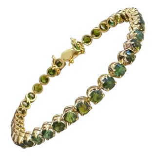 4 Ct Round Shape Green Tourmaline Cocktail Tennis Bracelet 14 Kt Yellow Gold 7" For Sale