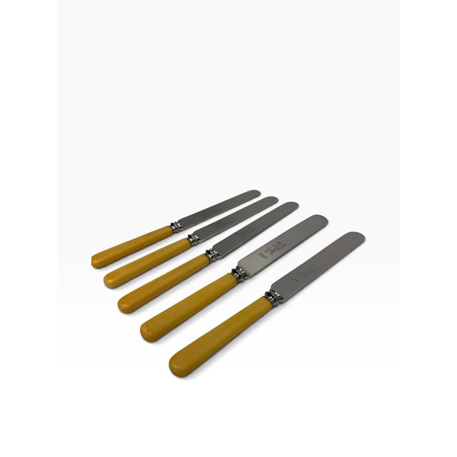 Vintage Mid-Century Viner & Hall Sheffield Ribbed Catalin Luncheon Knives - Set of 5 For Sale - Image 4 of 5