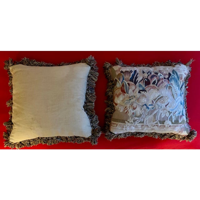 Tan Antique 19th Century French Aubusson Tapestry Pillows With Passementerie Fringe Trim - A Pair For Sale - Image 8 of 12