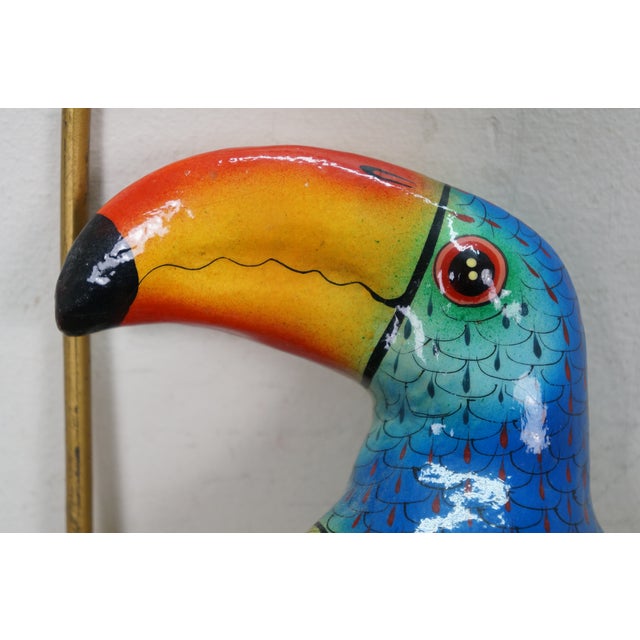 Mexican Folk Art Paper Mache Boho Hanging Toucan Parrot Bird Sculpture 13" For Sale - Image 10 of 15