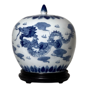 Vintage Chinoiserie Cobalt Blue and White Ceramic Porcelain Lidded Ginger With Wood Base
