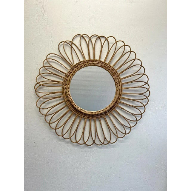 Mid-Century Round French Rattan Wall Mirror - wicker. In good vintage condition - the colour has faded a little over the...