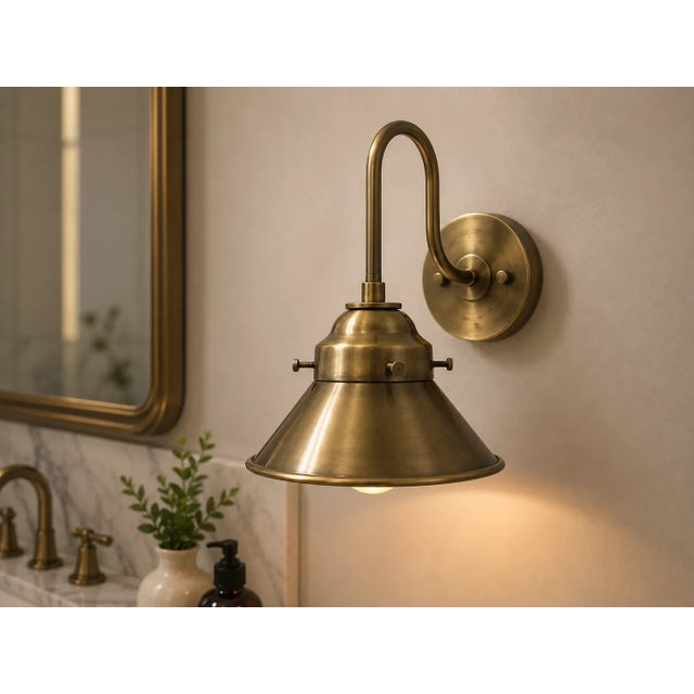 Solid Brass Industrial Wall Sconce, Antique Brass Dome Shade, Farmhouse Bedroom Lighting For Sale - Image 4 of 11