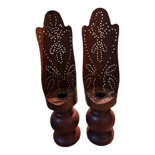 Vintage Primitive Look Wood Candle Holders With Metal Fire Shields With Cutouts - a Pair For Sale