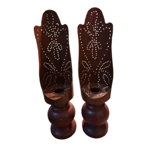 Vintage Primitive Look Wood Candle Holders With Metal Fire Shields With Cutouts - a Pair