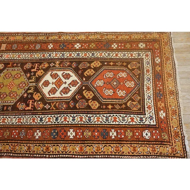 1930s 1930s Brown Geometric Tribal Antique Persian Kurdish Runner Carpet 3'10" X 13'2" Knotted Pile Rug For Sale - Image 5 of 15