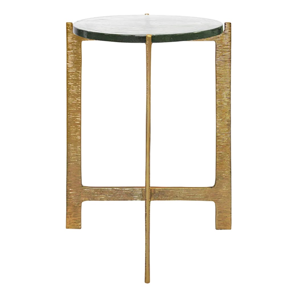 Matthew Izzo Home Hammered Brass and Thick Glass Top Side Table | Chairish