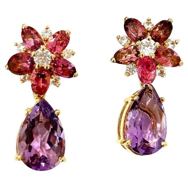Amethyst Bochic "Orient" Vintage Amethyst & Rose Rodorite Earrings -18K Gold & Silver For Sale - Image 8 of 18