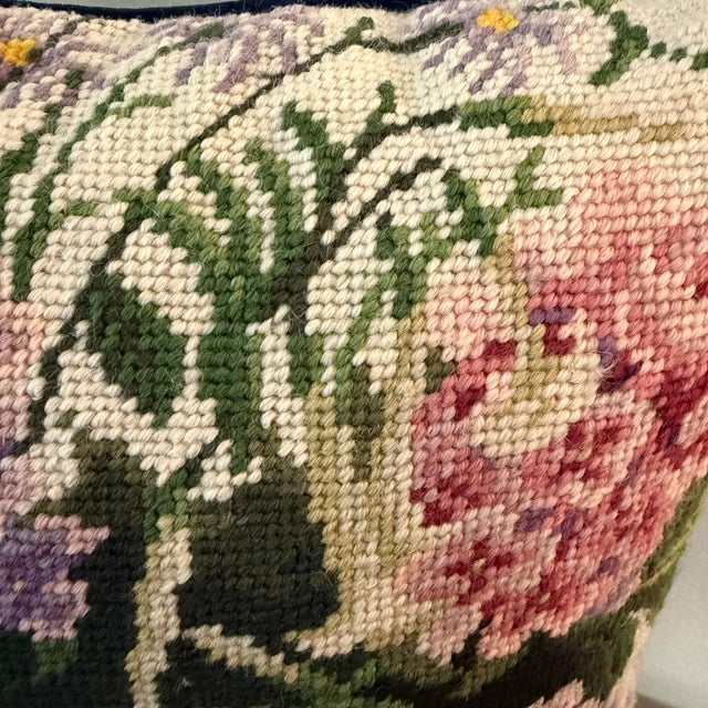 Late 20th Century Vintage Hydrangea Blossoms Floral Needlepoint Accent Pillow For Sale - Image 5 of 6