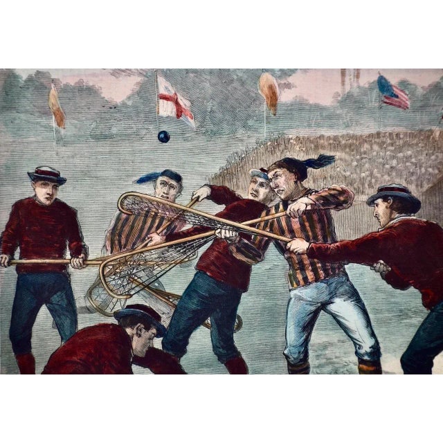 "A Game of Lacrosse": A Hand-colored 19th Century Woodcut Engraving by Hall, 1884 For Sale In San Francisco - Image 6 of 9