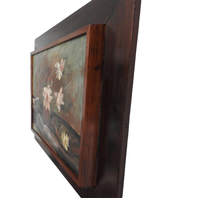 1930s California Impressionist/Tonalist Still Life Oil Painting by Julia Rideout – Framed Moody Floral on Canvas Board For Sale - Image 4 of 12