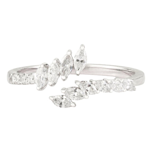 Modernist 14k White Gold Natural Diamond Open Bypass Ring Size 5.5 For Sale