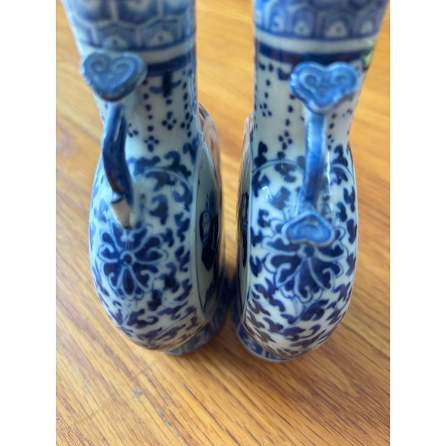 Late 19th Century Qing Dynasty Chinese Blue & White Porcelain Miniature Moon Flask Vases - Pair For Sale In New York - Image 6 of 10