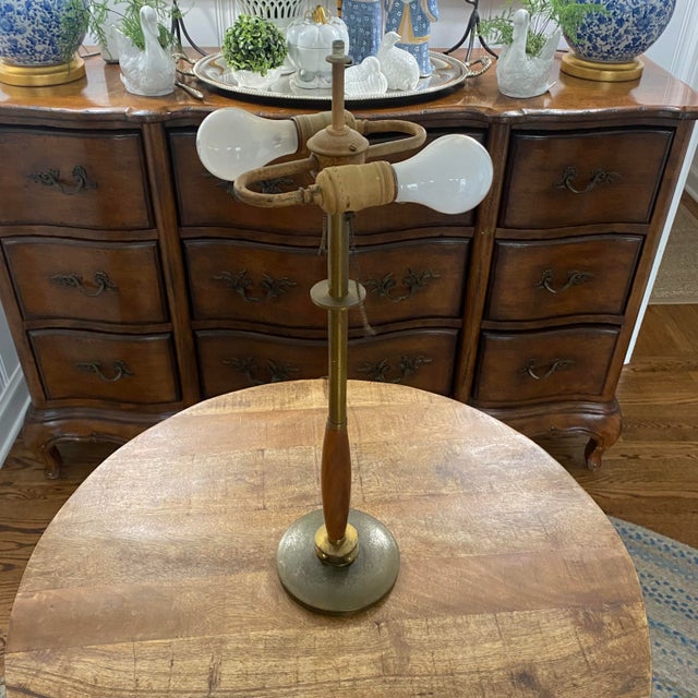 Wood Vintage Mid Century Modern Walnut Brass Skinny Table Lamp Original Gunmetal Drum Shade For Sale - Image 7 of 12