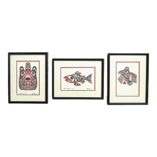 Set of 3 Bill Reid Haida Prints Signed & Framed 1970s Beaver, Salmon, and Raven For Sale