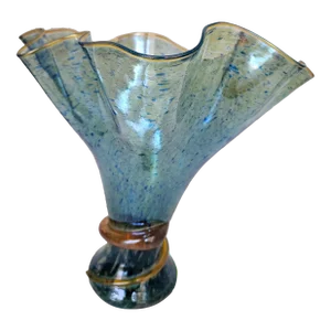 Lyrical Blue and Clear Handkerchief Vase With Gold Accents Signed Don Pierce From Corning Museum of Glass