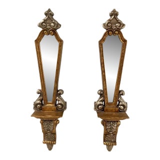 Hollywood Regency Bassett Mirror Company Gold & Silver Leaf Wall Mirrors With Display Shelves – Pair For Sale