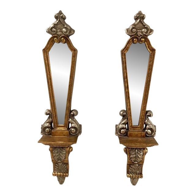Hollywood Regency Bassett Mirror Company Gold & Silver Leaf Wall Mirrors With Display Shelves – Pair For Sale