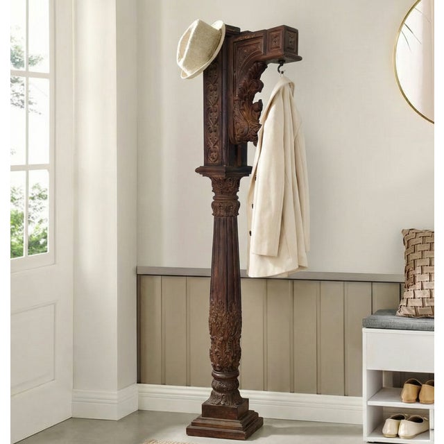 Coffee 1970s Vintage Hand Carved Tall Freestanding Column With Hook For Sale - Image 8 of 8