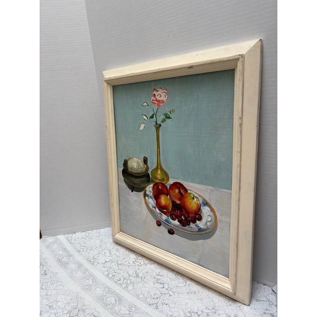 French Country Midcentury Framed Painting of Fruit and Flowers Still Life For Sale - Image 3 of 7