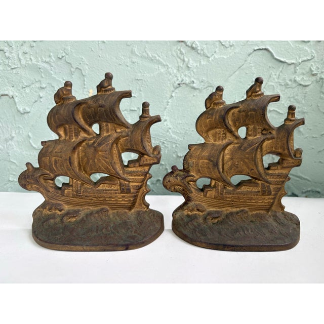Vintage Cast Iron Spanish Galleon Bookends, Pair, Pat. 1928 Nautical Maritime Library Decor For Sale - Image 4 of 9