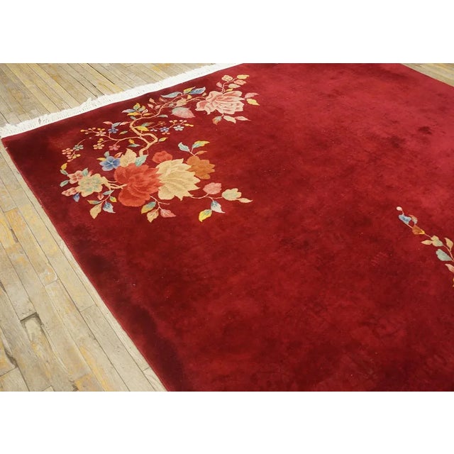 1930s Ruby Red Modern Floral Antique Chinese Art Deco Carpet 8'10" X 11'8" Knotted Wool Rug For Sale - Image 4 of 9
