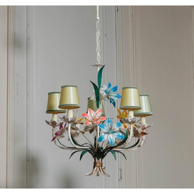 1950s Polychrome Chandelier with Metal Painted Flowers, Italy, 1950s For Sale - Image 5 of 8