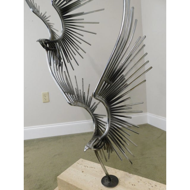 Curtis Jere "Birds in Flight" Large Metal Sculptures on Travertine Bases - a Pair For Sale - Image 9 of 13
