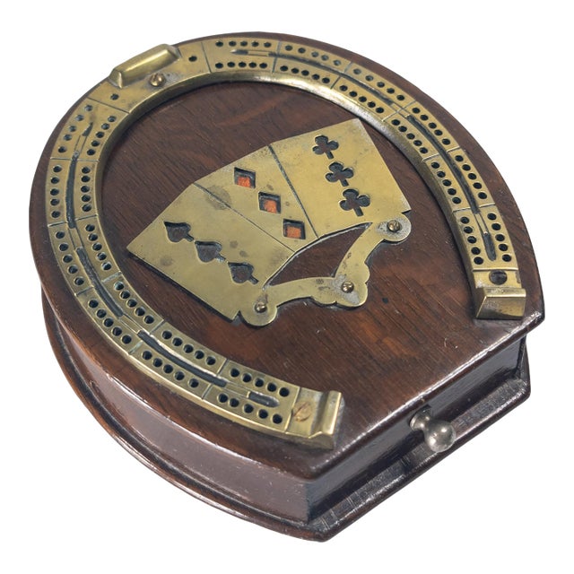 Mid-Century English Oak and Brass Cribbage Playing Card Box With Horseshoe For Sale