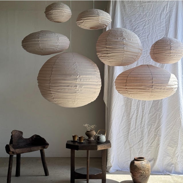 Very Large Round Pinkish Rattan and Natural Linen Pendant Light For Sale - Image 5 of 18