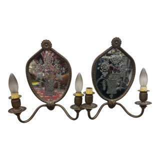 Pair Etched Mirror and Bronze French Style Sconces For Sale