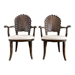 Vintage Venetian Regency Style Carved Shell Back Grotto Arm Chairs, Pair For Sale