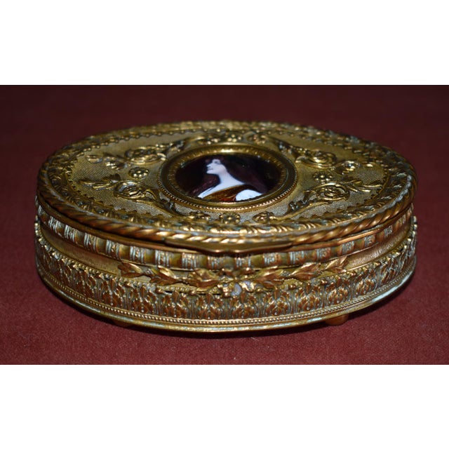 Antique Bronze Casket Box French Ormolu Jewelry Hand Painted Enamel Portrait For Sale - Image 4 of 18
