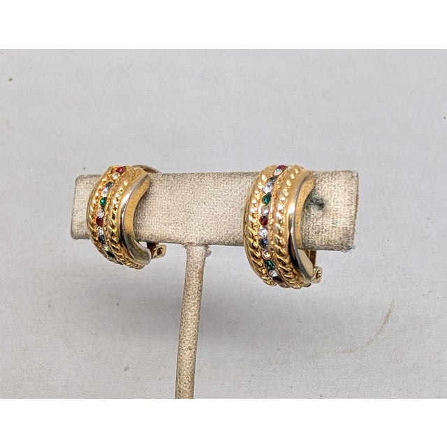 Vintage Signed Bijoux Cascio Italy Faux-Ruby, Sapphire, Emerald & Clear Rhinestone Half Hoop Clip Earrings-2 Pieces For Sale - Image 4 of 8