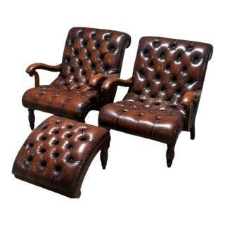 Ralph Lauren Style Leather Lounge Chairs and Ottoman, Late 20th C. For Sale
