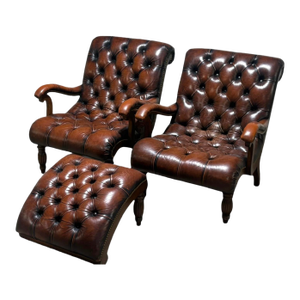 Ralph Lauren Style Leather Lounge Chairs and Ottoman, Late 20th C.