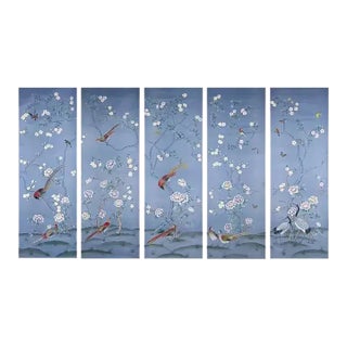 Blue Chinoiserie Birds and Flowers Mural Hand Painted Wallpaper For Sale