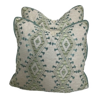 Contemporary Embroidered Diamond Tassel Pillows- a Pair For Sale