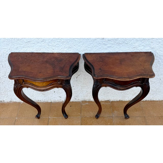 Brown French Louis XV Style Walnut Wall-Mounted Bedside Tables, 1930, Set of 2 For Sale - Image 8 of 16