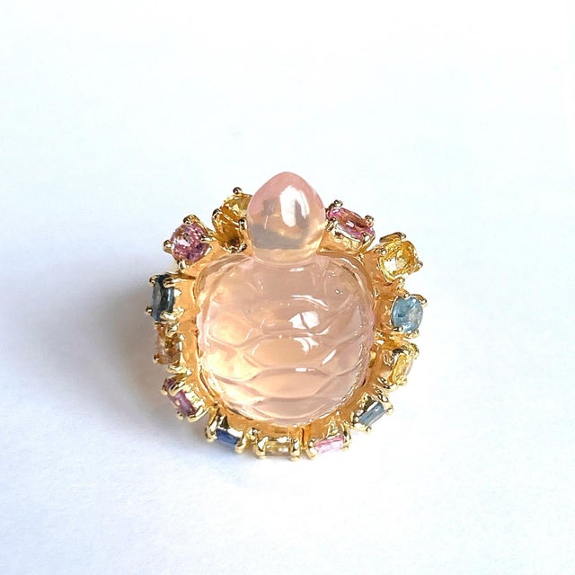 Bochic “Orient” Turtle Rose Quartz & Sapphires Ring Set In 18K Gold & Silver Rose Quartz - 11 Carats Cluster Multi Color...