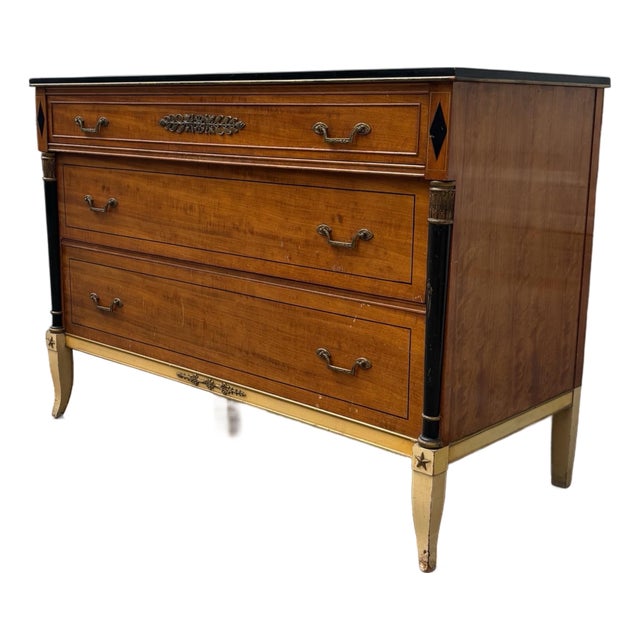 Vintage Neoclassical Empire Revival Brass Mounted Chest of Drawers With Ebonized Columns For Sale